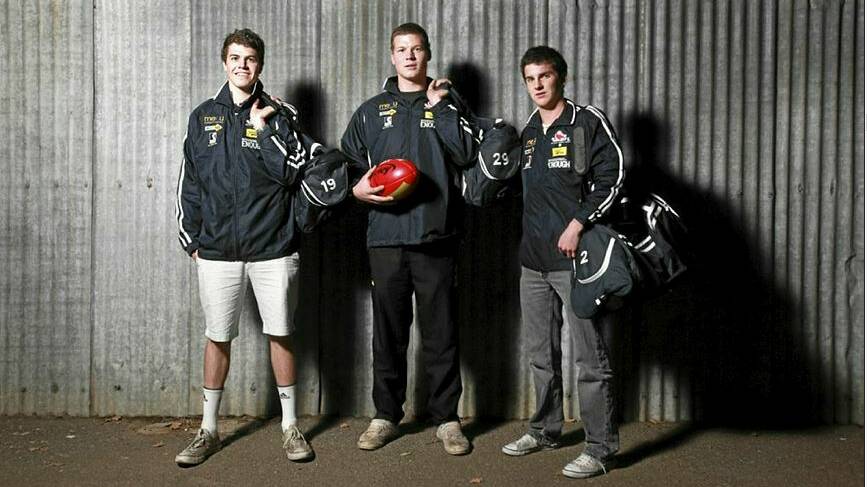 Redan footballer Isaac Smith with Daniel Ross-Smith (North Ballarat City) and Sam Harkin (Ballarat Swans) ahead of their BFL interleague debuts in 2010. Smith became an AFL draftee later that year. 