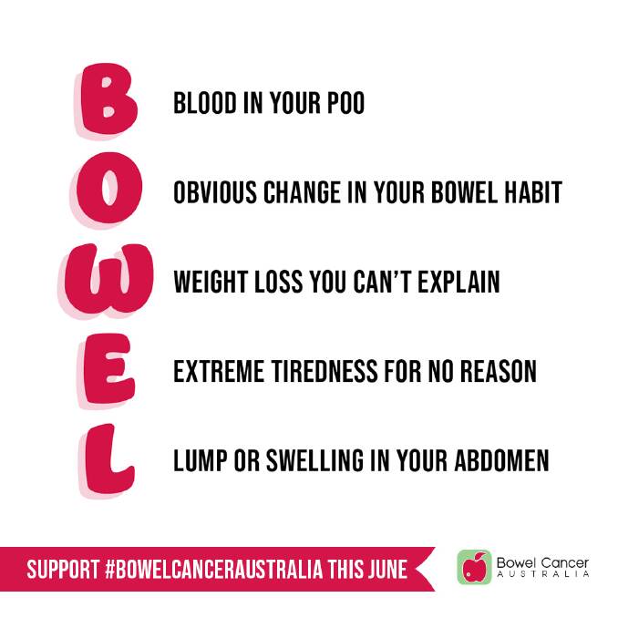 Bowel cancer symptoms from Bowel Cancer Australia.