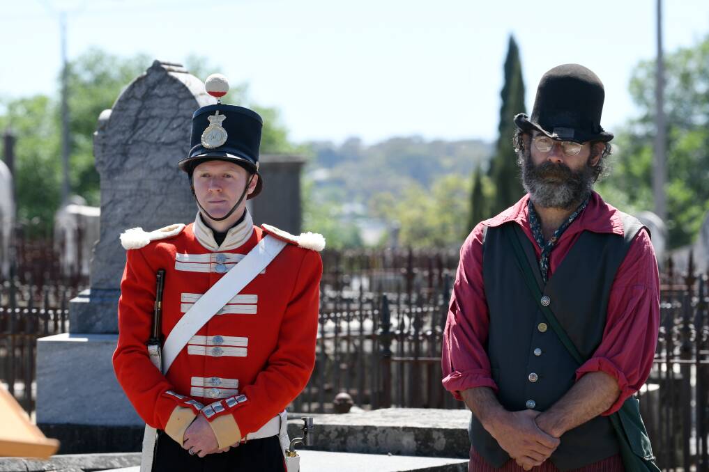 Sean Inkester and Andre Prenc take part in Eureka Day commemorations in Balarat Old Cemetery on December 3 in 2020. Picture by Kate Healy