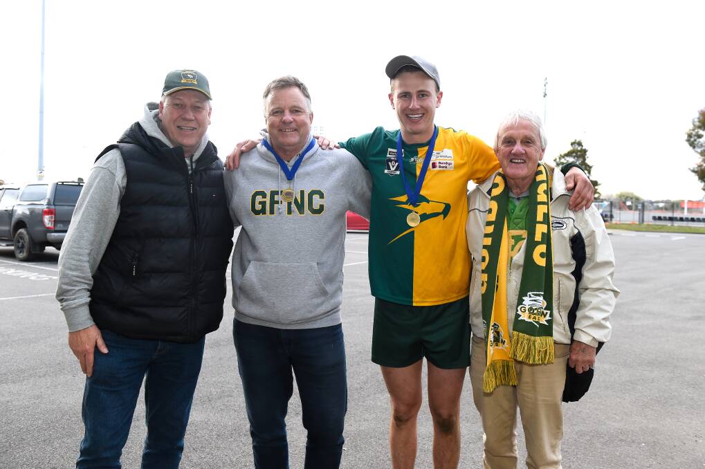 Gordon 1988 premiership coach Ian Denny with Eagles coach Ron Watt, playing-coach Adam Toohey and Eagles 1966 premiership player Chris Tudor after the club's 2022 premiership win. Picture by Adam Trafford