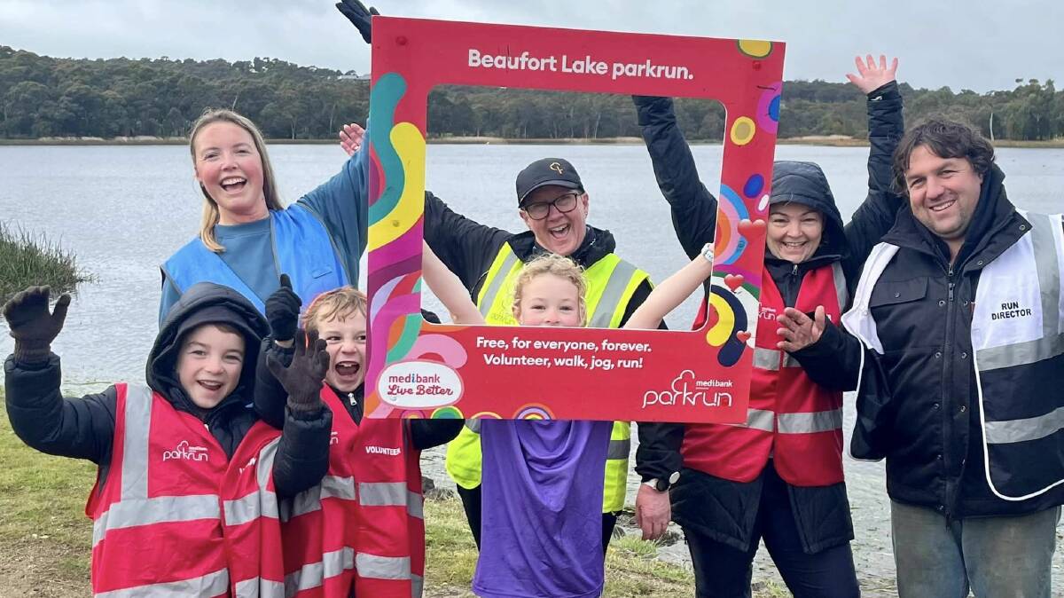 Beaufort's community success is based on volunteers, Pyrenees Shire mayor ron Eason says, such as the team celebrating Beaufort Lake parkrun's first anniversary. Picture Beaufort Lake Parkrun