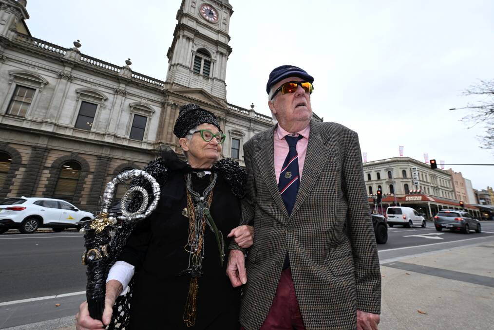 A Rasputin-inspired Heather Horrocks with Bill Horrocks outside Ballarat Town Hall on Queen Victoria's birthday. Picture by Lachlan Bence