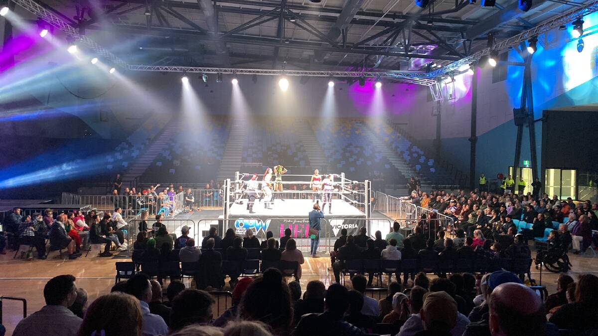 Sound and lighting transforms Ballarat Sports and Events Centre into an American professional wrestling pay-per-view in April. Picture by Melanie Whelan