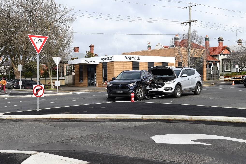 A two-car collision at the corner of Dana Street and Dawson Street on Monday. Picture by Adam Trafford
