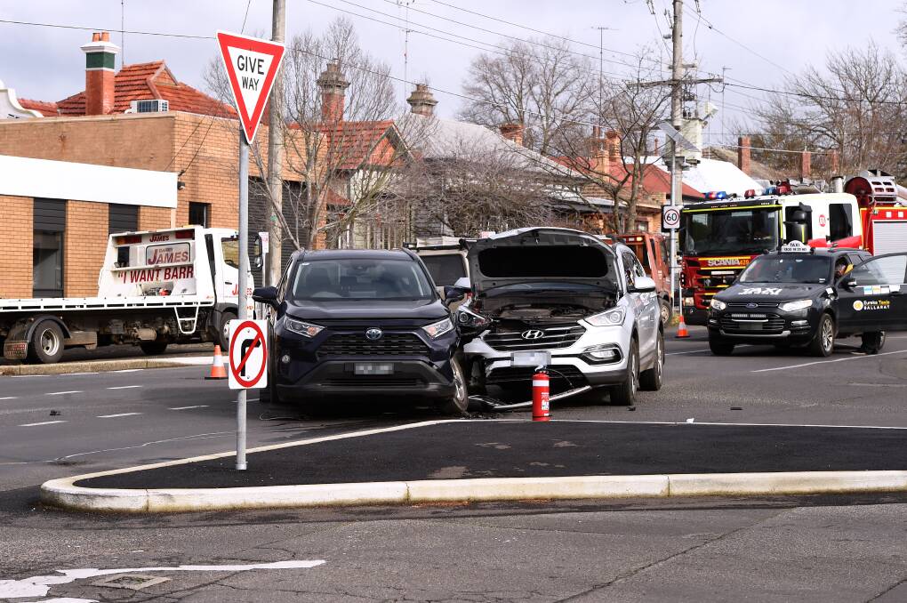 A two-car collision at the corner of Dana Street and Dawson Street on Monday. Picture by Adam Trafford