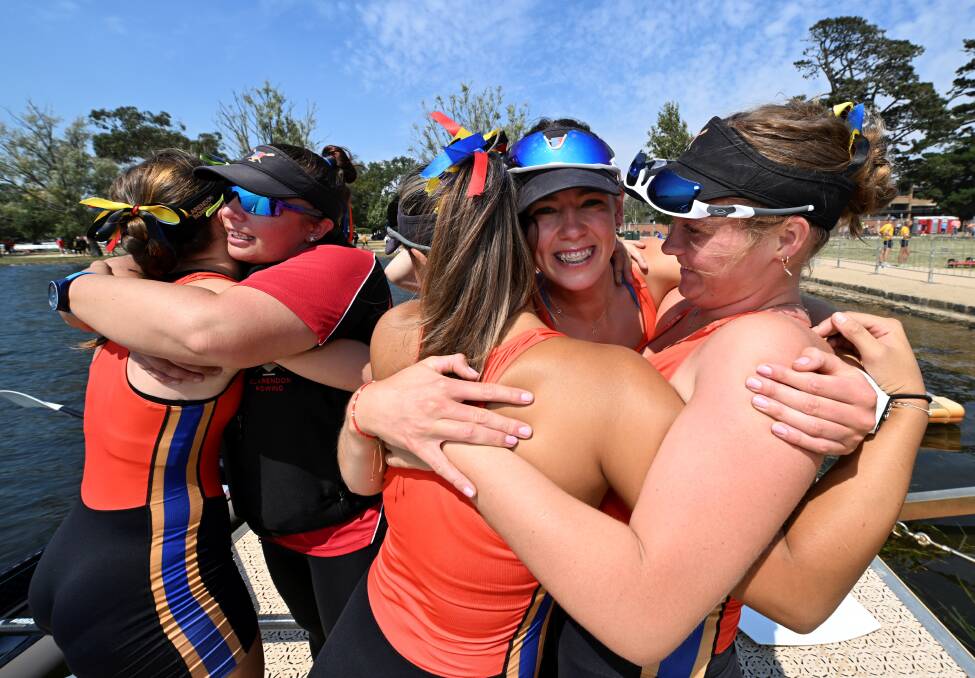 Clarendon's girls celebrate winning the Head of the Lake. Picture by Lachlan Bence