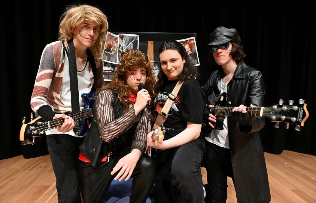 Gabe Bristow, Benny Eckel, Ted Turnbull-Gent, and Jack Keyte in St Patrick's College's School of Rock. Picture by Lachlan Bence
