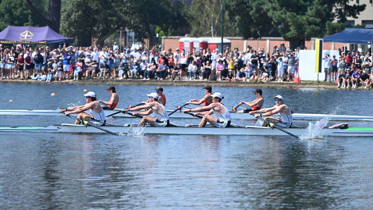 St Patrick's wins a close race over Ballarat Clarendon College in the male coxed four open division one. Picture by Kate Healy