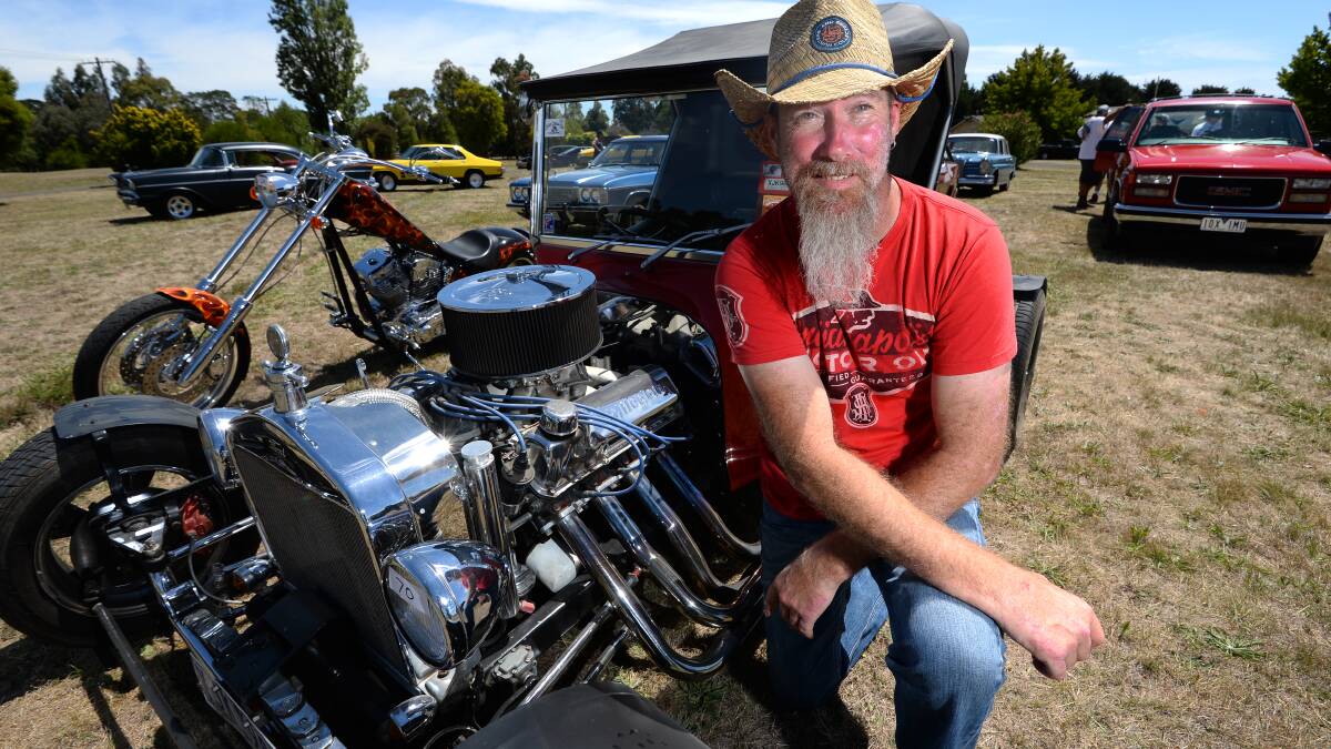 Fuelers Car Club's annual Horsepower Extravaganza at the Ballarat Airport. Dave Fridey with his American Ironhorse and Ford T-Bucket.  Picture: Adam Trafford.