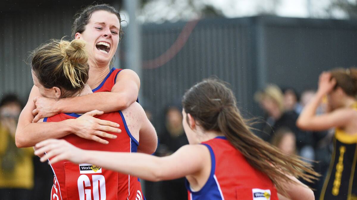 Skipton's A-grade netballers celebrate their come-from-behind victory over Springbank.  Picture: Dylan Burns. 