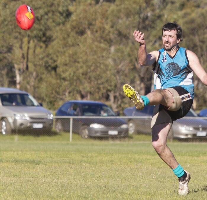 Milestone: A huge 25 goal haul to John Vanderwaal in Moyston Willaura's thumping victory over Great Western ensured the forward became the first in the state to kick 100 majors for the season. Picture: Peter Pickering.  