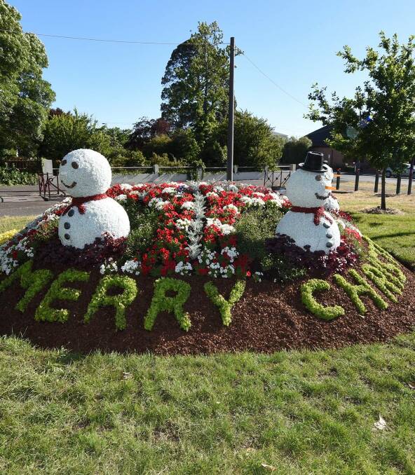 Stolen: The three snowmen at the roundabout in Victoria Street prior to Christmas. It's alleged at least two were stolen. Picture: City of Ballarat.