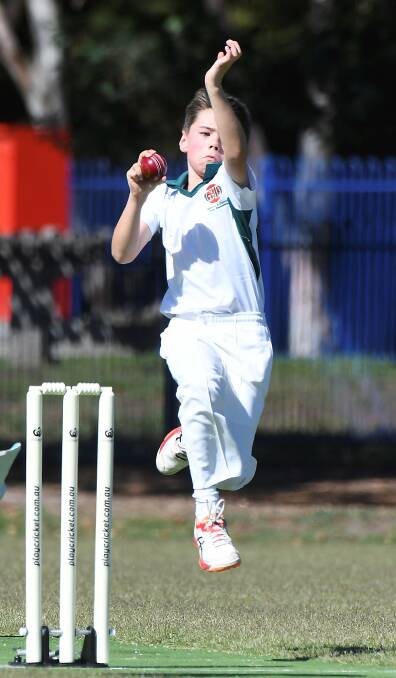 STEAMING IN: Gisborne White under-13 bowler Callum Large sends down a delivery against Grenville during its Central Highlands Junior Country Week clash. Pictures: Lachlan Bence