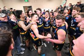 Lake Wendouree players celebrate after the club's first senior win in 400 days against Melton South. Picture by Lachlan Bence