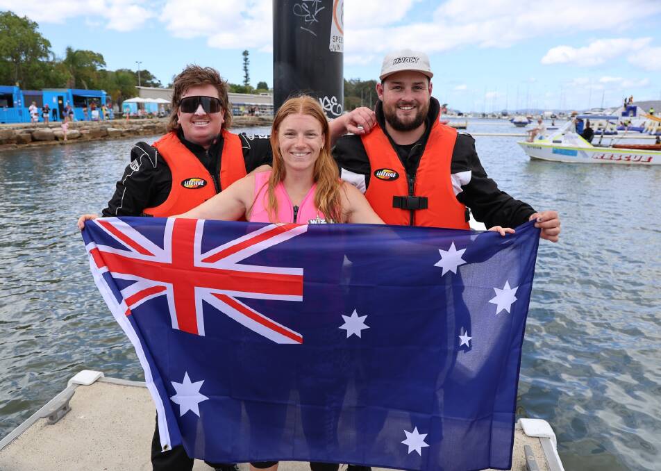 Sam Perry, Emma Barnes and Jacob Hinterholzl after their success at the World Waterski Racing Championships held in Gosford. Picture supplied
