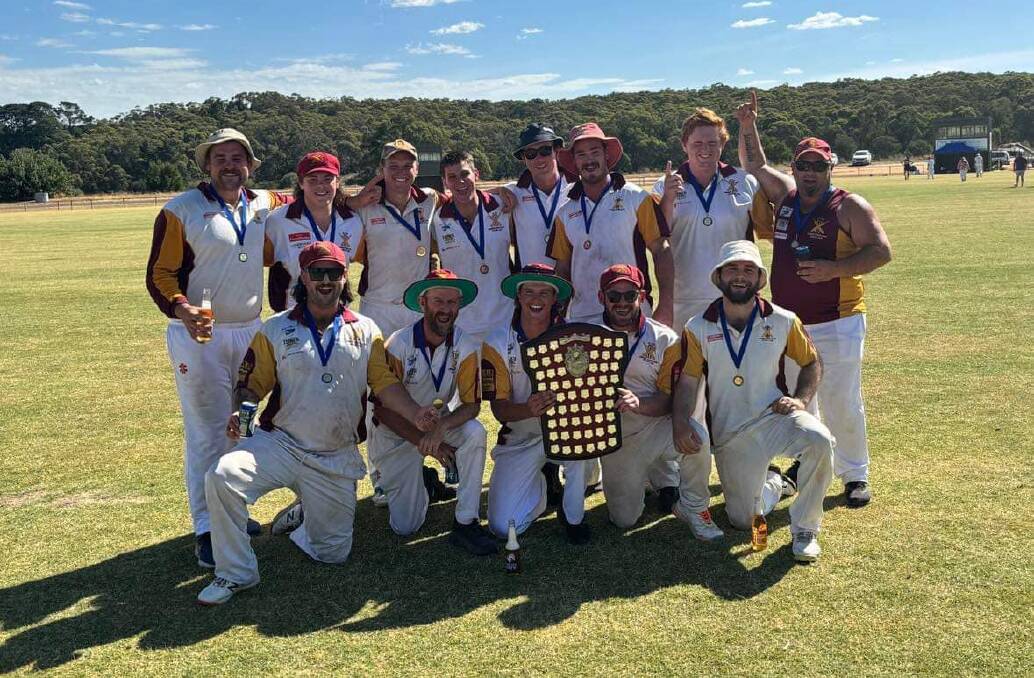 Lismore Oddfellows players celebrate their victory in the Grenville Cricket Association grand final over Carranballac. Picture supplied
