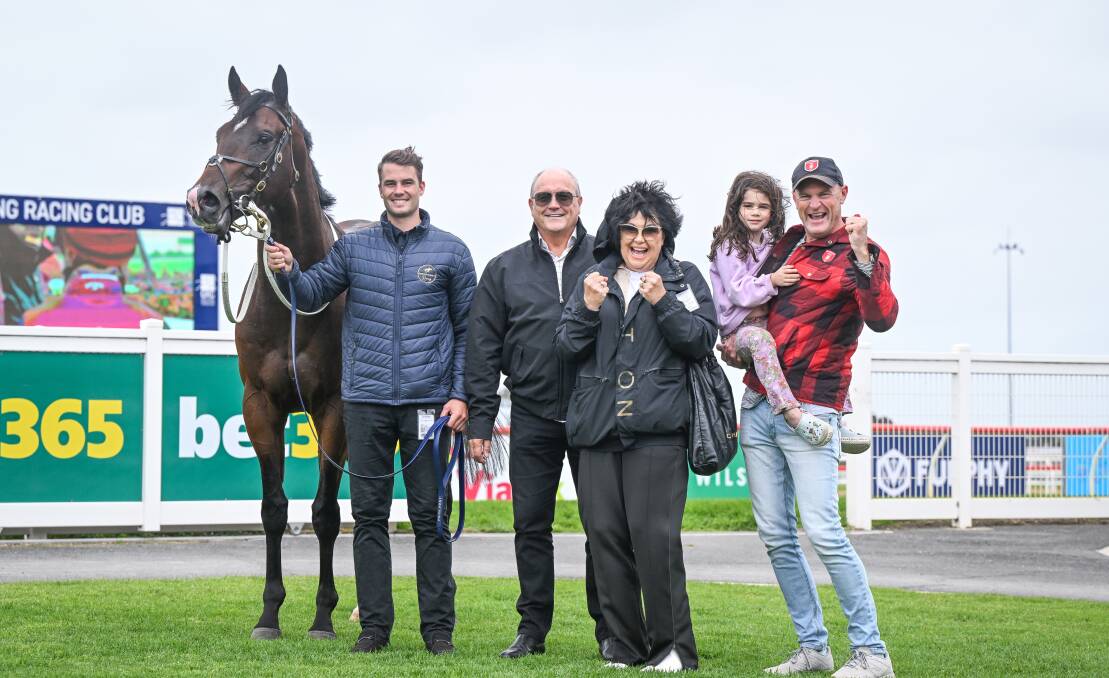 Connections of Frawley ridden by Beau Mertens after the maiden win at Geelong this week. Photo by Reg Ryan/Racing Photos