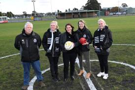 North Ballarat Chairman Richard Start, Ali Driscoll, Juliana Addison, Angela Carey and Shay McInerney after the announcement of a $5 million upgrade at Frank Bourke Oval. Picture by Lachlan Bence 