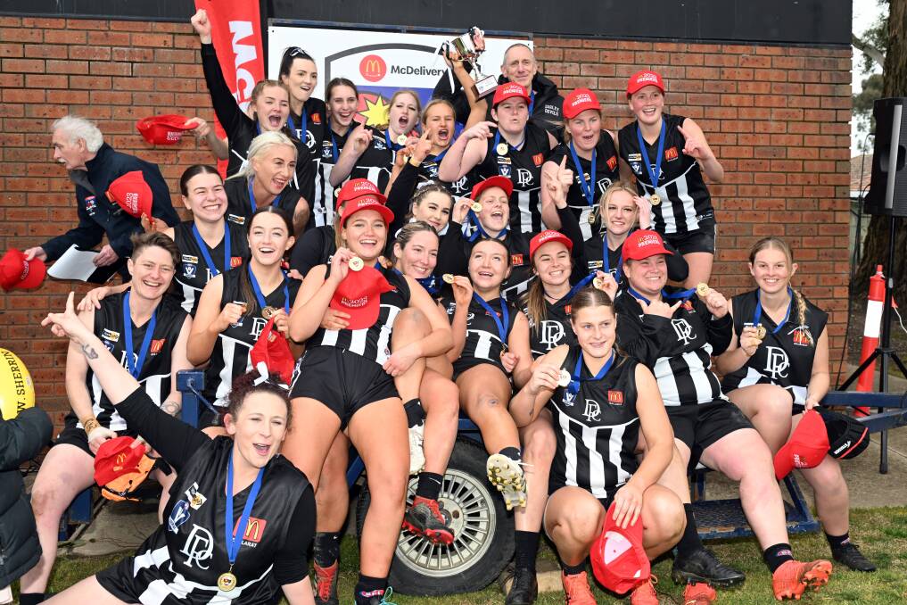 Darley players celebrate their 2023 BFLW grand final win over Redan. Picture by Kate Healy