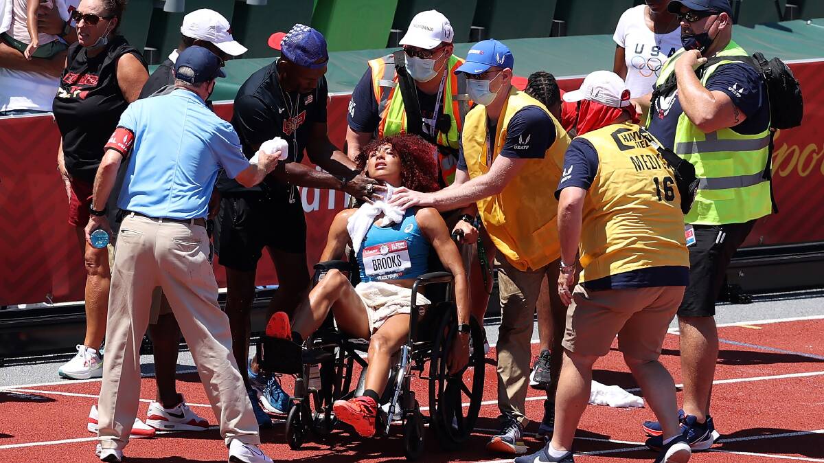 Taliyah Brooks is taken off of the track after collapsing at the US Olympic trials in 2020. Picture Getty Images