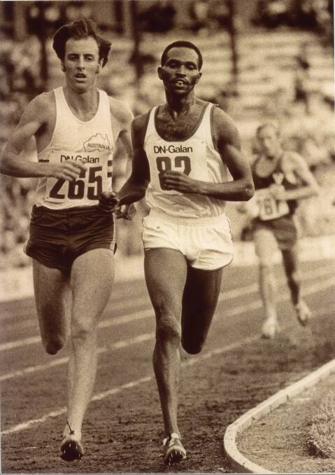 Ballarat Olympian Tony Benson (left) competes at the Dagans Nyther games in Stockholm in 1971, which is one of the biggest Grand Prix races in Europe. Alongside him is Kip Keino, the famous Kenyan athlete, whom Tony had a great rivalry then and friendship now. Picture: CONTRIBUTED
