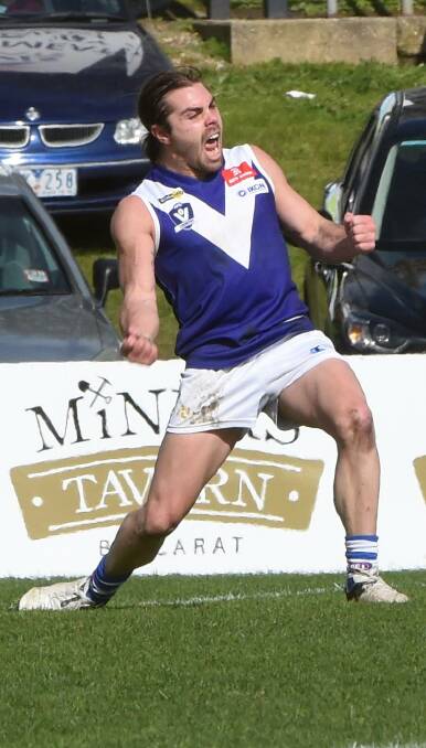 EXCITEMENT: Matthew Medcraft celebrates the first of his four goals in a best-on-ground performance for Sunbury at the Eastern Oval on Saturday. Picture: Lachlan Bence