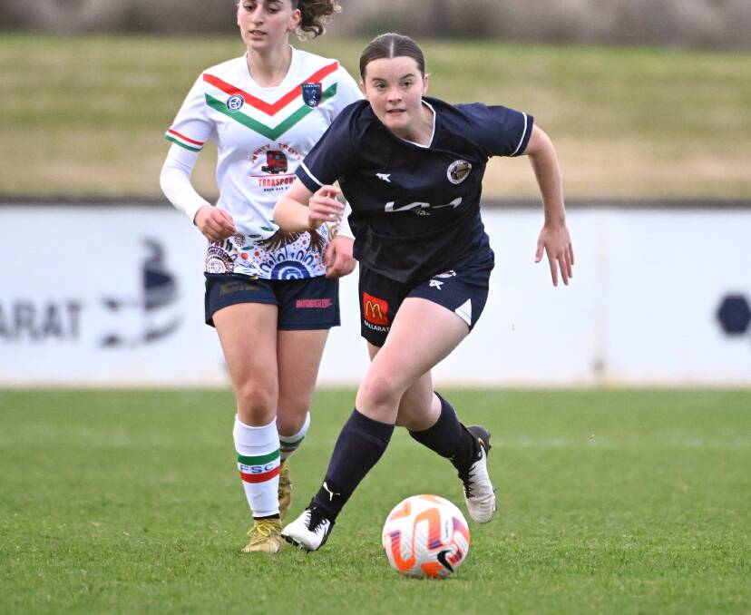 Mia Frary on the ball for Ballarat City FC against Fawkner at Morshead Park on Sunday. Picture by Adam Trafford.
