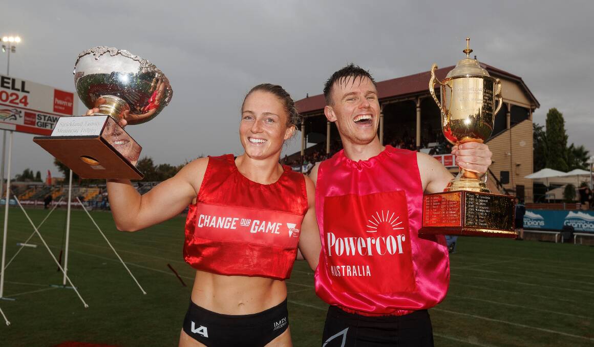 Chloe Mannix -Power and Jack Lacey celebrate their Stawell Gift wins on Monday. Picture by Luke Hemer/Stawell Gift.