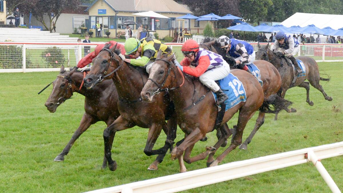 Independent Road (Michael Dee), centre, puts his nose in front to claim the Global Turf Benchmark84 Handicap. Picture by Brett Holburt/Racing Photos.