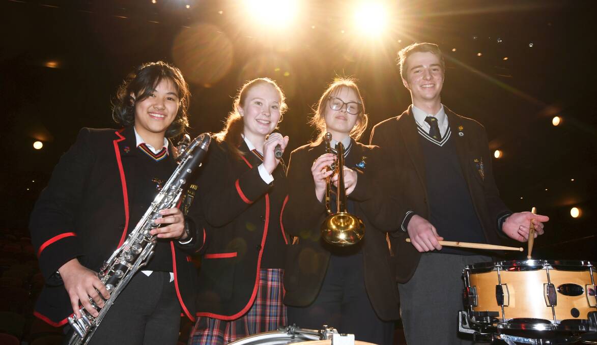 Ballarat Clarendon College performers Arannatee and Meg, and Ballarat Grammar students Emma and Xavier are among scores of music students from the two schools performing in Coming Together for Beyond Blue on Sunday August 6. Picture by Lachlan Bence. 