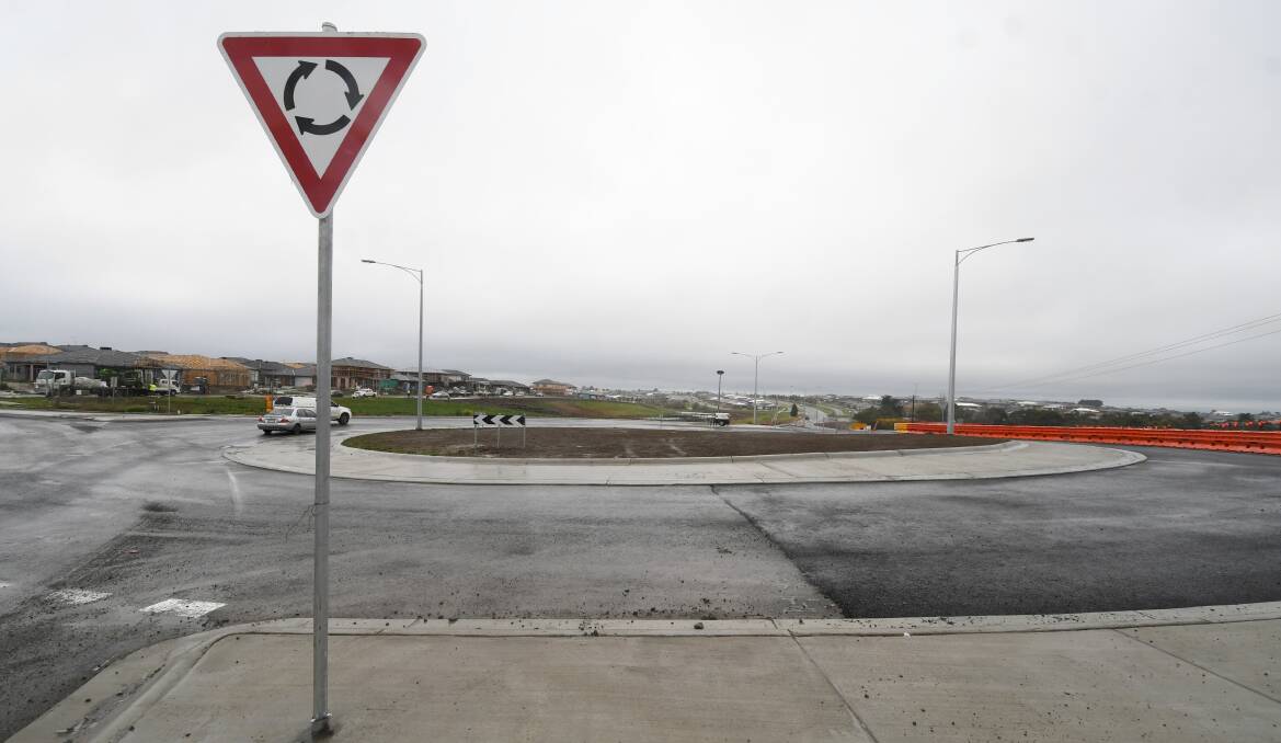 The new roundabout at the intersection of the Glenelg Highway and Innsbruck Road in Smythes Creek. Picture by Lachlan Bence