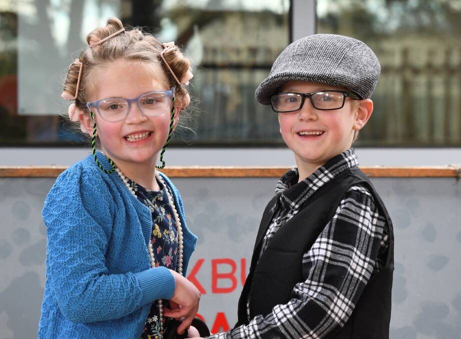 Georgia and Blake celebrate their first 100 days of school at Delacombe Primary. Picture by Lachlan Bence 