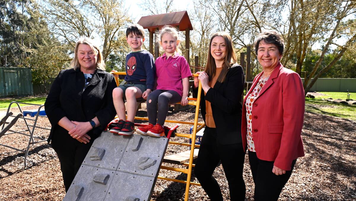 Victorian early childhood education minister Ingrid Stitt with Haddon Pre-School pupils Lincoln and Parker, Ripon MP Martha Haylett and Eureka MP Michaela Settle at the announcement of kindergarten upgrades in Golden Plains. Picture by Adam Trafford