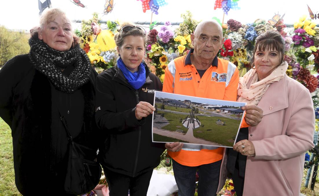 Karole Suckling, Dr Lana Cormie, Dave Brownlee and Janine Brownlee with plans for the new workers' memorial to be built at Delacombe. Picture by Lachlan Bence
