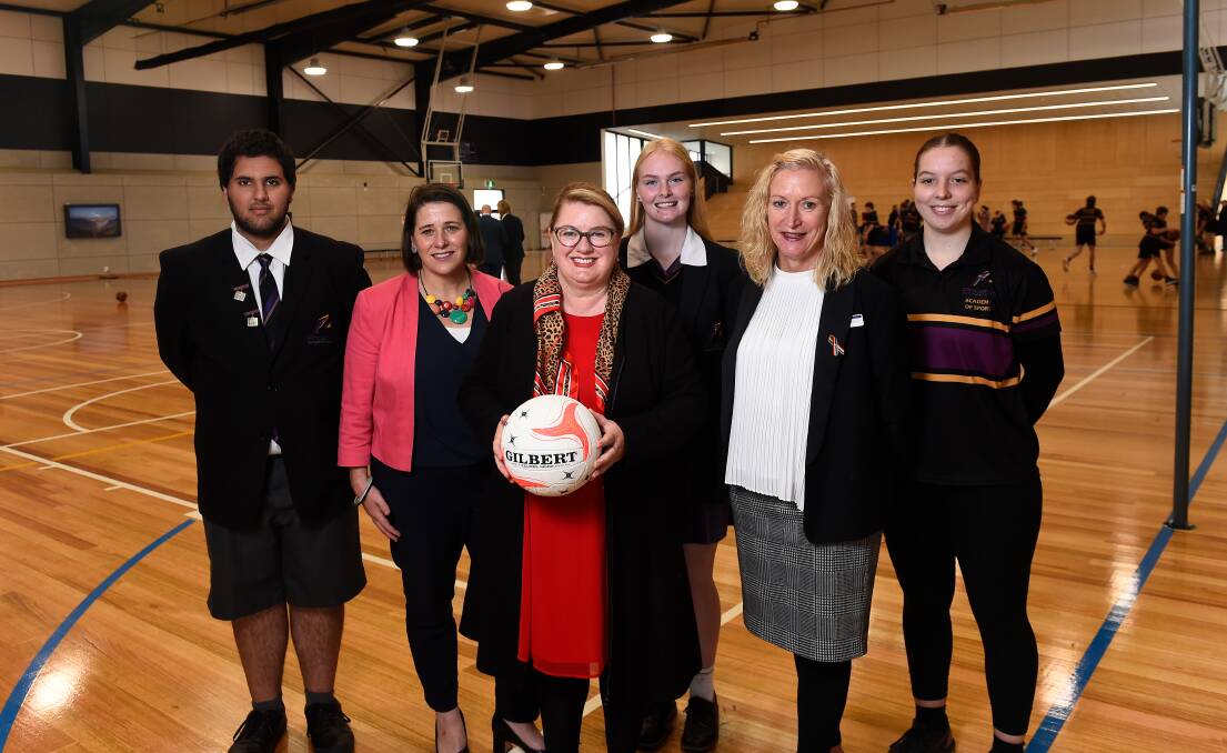 Phoenix P-12 Community College students Jalal, Danica, Chloe with Wendouree MP Juliana Addison, state education minister Natalie Hutchins and school principal Karen Snibson at the official opening of the new school gym. Picture by Adam Trafford
