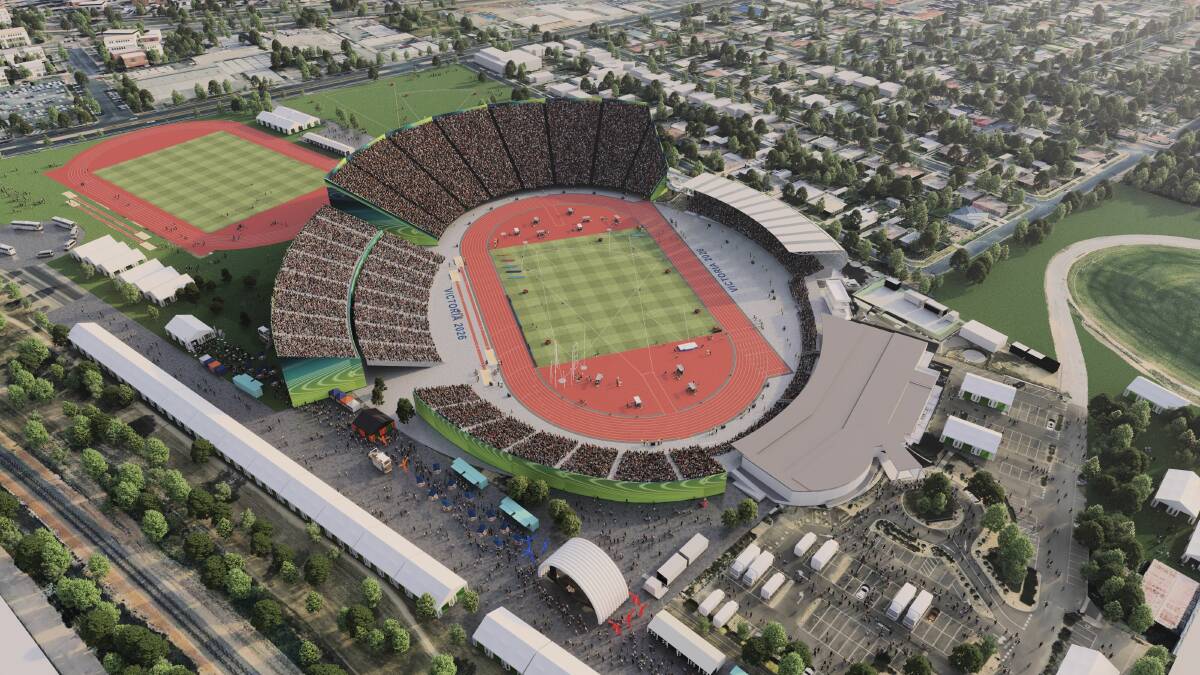 Artist impressions of a redeveloped Mars Stadium and showgrounds to host the Commonwealth Games athletics