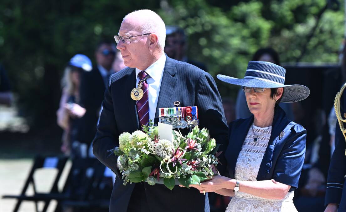 Governor General David Hurley and wife Linda Hurley lay a wreath to mark the 20th annivesary of the Australian Ex-Prisoners of War Memorial. Picture by Kate Healy