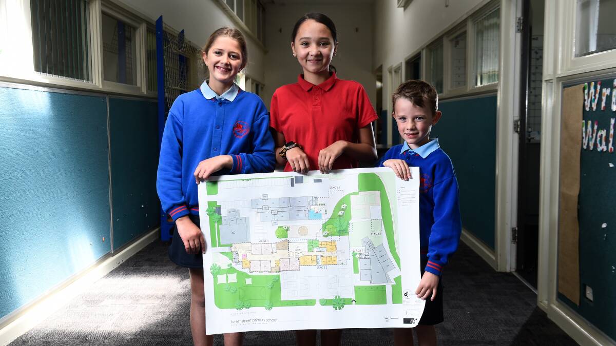 Forest Street Primary pupils Taya, Billee and Andrew, pictured in 2023 with plans for a $5.6 million redevelopment of part of the school which is expected to be completed in the next few weeks. Picture by Adam Trafford