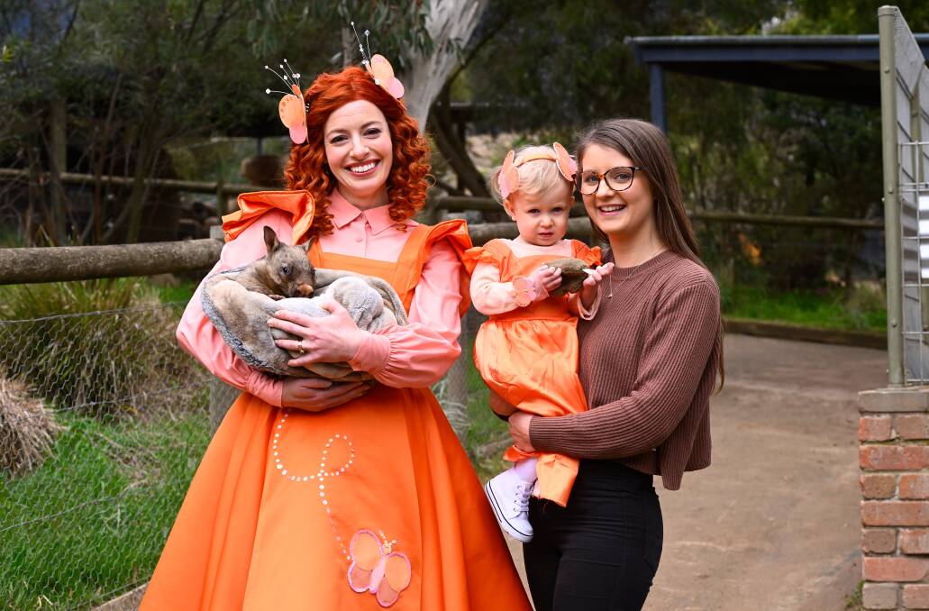 Emma Memma with Matilda the baby wombat met fan Mira and her mum Enya at Ballarat Wildlife Park on a visit to promote her Emma Memma's Twirly Tour concert at Civic Hall on September 19. Picture by Adam Trafford