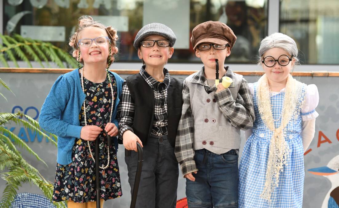 Delacombe Primary School prep pupils Georgia, Blake, Casey and Harriet celebrate 100 days of school by dressing as 100-year-olds. Picture by Lachlan Bence