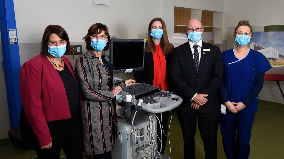 Wendouree MP Juliana Addison MP, health minister Mary-Anne Thomas, Ripon MP Martha Haylett, Grampians Health chief operating officer hospital Ben Kelly, and Makala Clifton in the newly completed Diagnostics Unit. Picture by Adam Trafford