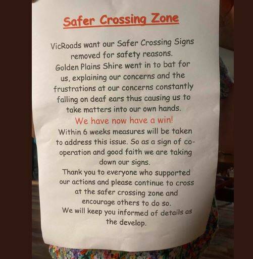 A note to locals from Graham Turnbull explaining why his home-made safer crossing signs were removed in Smythesdale