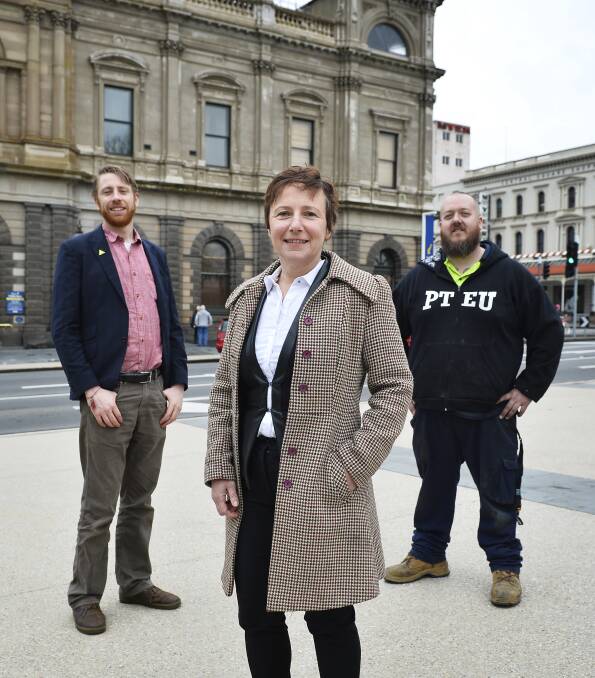 Going green: City of Ballarat election candidates Tony Goodfellow, Belinda Coates and Angus McAlpine. Picture: Dylan Burns