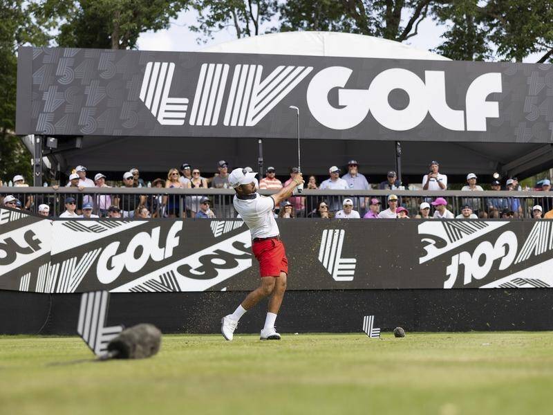 Tournament leader Abraham Ancer hits from the 15th tee during the first round of LIV Golf Nashville. (AP PHOTO)