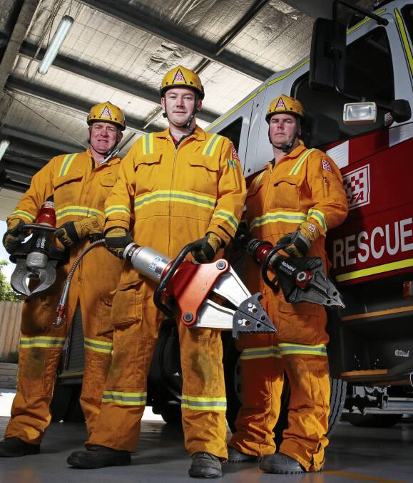 RESCUE: (L-R) 3rd Lieutenant David Elms, 1st Lieutenant Damien Scott and firefighter Brent Marshall are part of the road rescue team at the Ballarat Fire Station. Picture: Luka Kauzlaric  