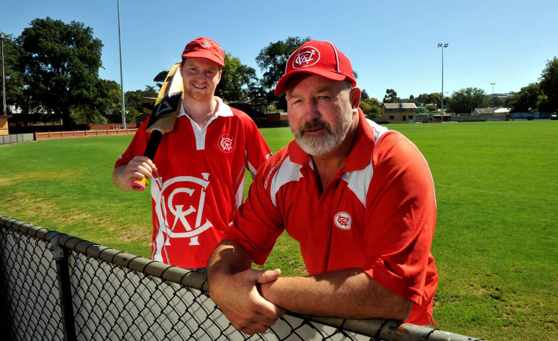Wendouree captain Matt Smith and president Ivan Pyke get a feel for the Eastern Oval ahead of the club's Cricket Victoria Statewide Twenty20 Cup final on Sunday. PICTURE: JEREMY BANNISTER